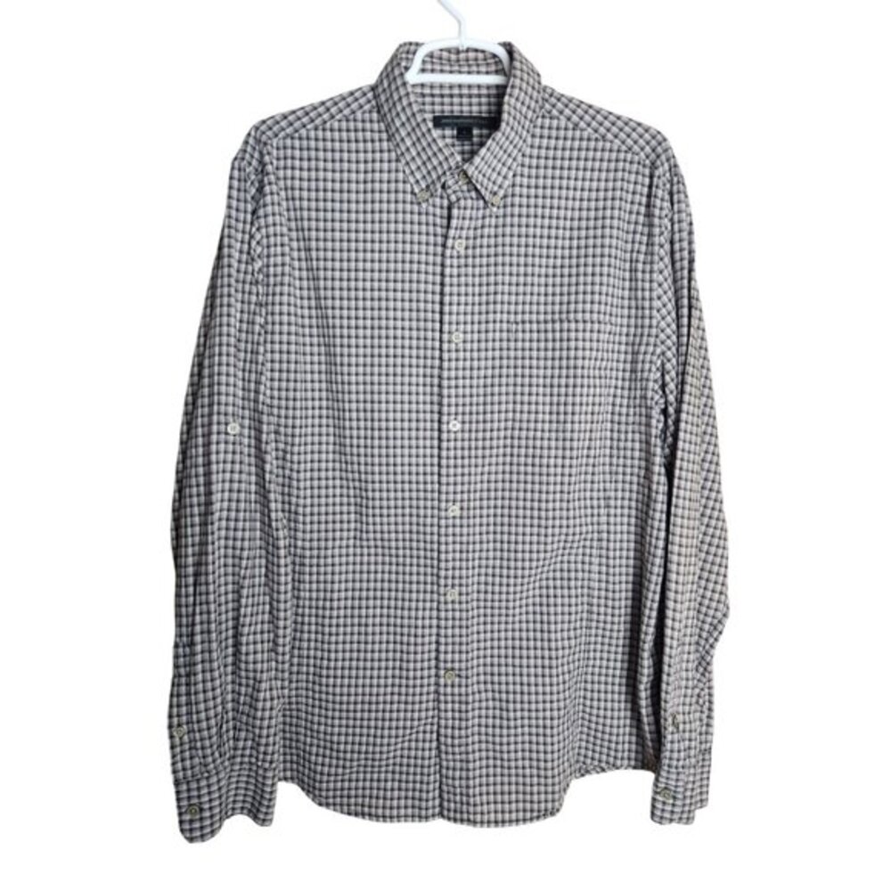 John Varvatos Star USA Men Shirt L Brown Roll Up Sleeve Scotch Luxe Plaid Button